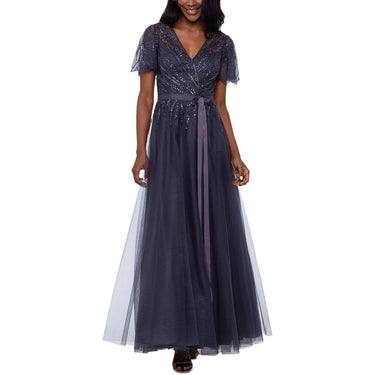 Xscape Long Mesh Bead Ball Gown Charcoal 4 Xscape