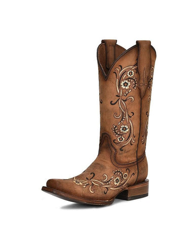 CIRCLE G Sand Brown Square Toe Women's Leather Boots Embroidery L2063, 7.5M Circle G