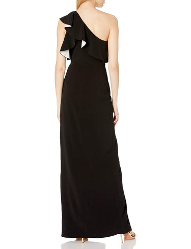Halston Heritage Women's A-Line Flounce Crepe Gown, Black/Chalk, 12