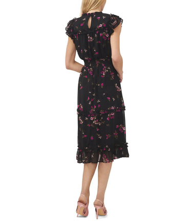 CeCe Ruffle Midi Dress with Smocking Rich Black LG CeCe