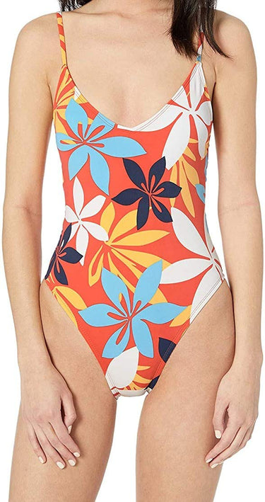 Hobie Women’s Junior V-Neck One Piece Swimsuit Swimwear, -red//Bloomy daze, S Hobie