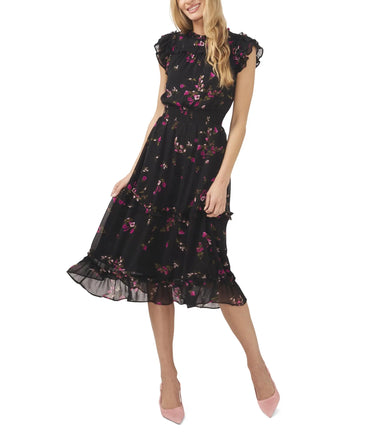 CeCe Ruffle Midi Dress with Smocking Rich Black LG CeCe