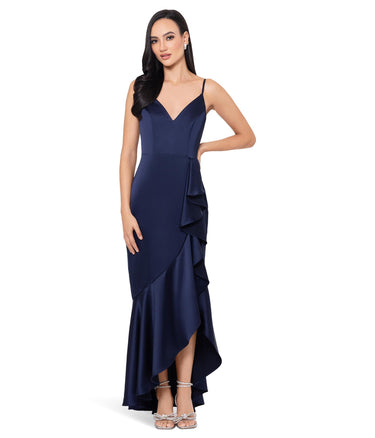 XSCAPE Women's Satin Fun Side Ruffle Makes for A Flattering Dress, Navy 8 Xscape