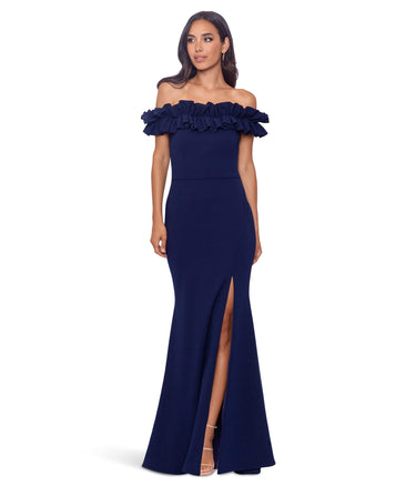 XSCAPE, Women's, Long Crepe Over-the-Shoulder Ruffle Gown, Navy, 12 Xscape