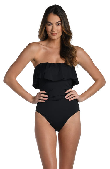 La Blanca Women's Island Goddess Ruffle Bandeau One Piece Swimsuit, Black Size 8 La Blanca