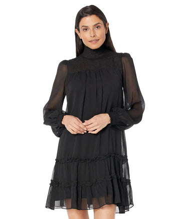 CeCe Long Sleeve Yoryu Ruffled Dress Rich Black SM CeCe