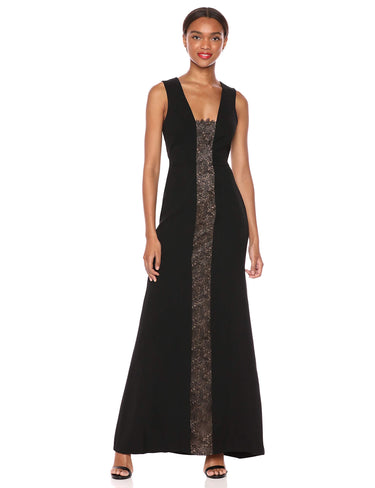 BCBGMAXAZRIA Women's Lace Inset Flared Gown Dress, Black, 8 BCBGMAXAZRIA
