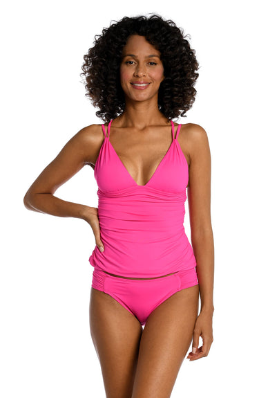 La Blanca Women's Over The Shoulder Tankini Swimsuit Top, Pop Pink Size 12 La Blanca
