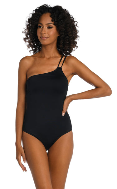 La Blanca Women's Goddess Shoulder Mio One Piece Swimsuit, Black Size 6 La Blanca