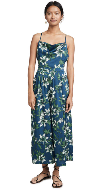 JOA Women's Sleeveless Cowl Neck Wide Leg Casual Jumpsuit, Navy Tropical, L J.O.A.