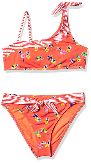 HOBIE GIRL'S One Shoulder Bralette and Sash Hipster Swimsuit Set Coral Hobie