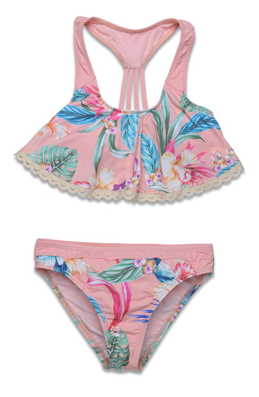 Hobie Girls' Flounce Bralette Bikini Top Spliced Hipster Bottom Swimsuit Set 16 Hobie