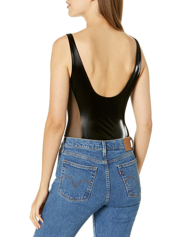 BCBGMAXAZRIA Women's Faux Leather Bodysuit With Mesh Panels, Black, X-Small BCBGMAXAZRIA