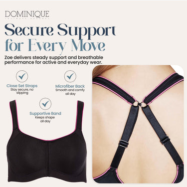 Dominique Zoe Pro Max Support Sports Bra, Convertible Racerback Black 40F