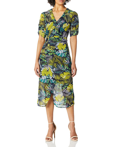 Sam Edelman Women's Long Sleeve Tropical Patterned Wrap Dress, Green Multi, 6 Sam Edelman