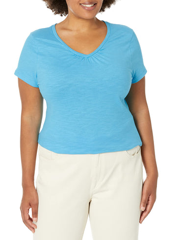 Hanes Women's Shirts, Slub Cotton Shirred V-Neck Tee, Cotton T-Shirts Women, S Hanes