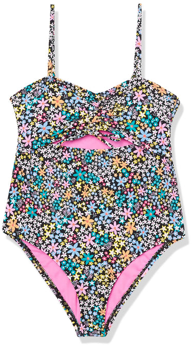 Hobie Girls' Cutout One Piece Swimsuit, Black//Dainty Ditsy, 8 Hobie