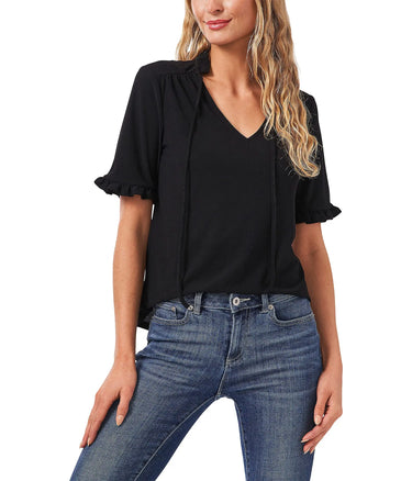 CeCe Short Sleeve Ruffled Knit Top w/Tie Rich Black MD CeCe