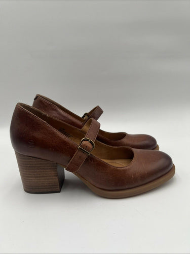 Women’s Born Oksana Brown Leather Buckle Strap Block Heels Size 8.5M Born