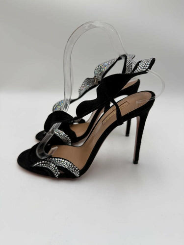 Aquazzura Black Suede Crystal Embellished Open Toe Ruffle Slingback Sandals, 37