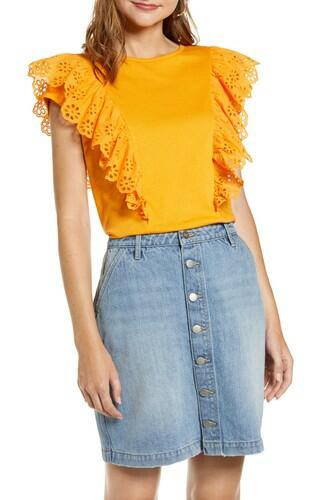 Women's Rachel Parcell Eyelet Ruffle woman Tee, Size M - Orange Rachel Parcell
