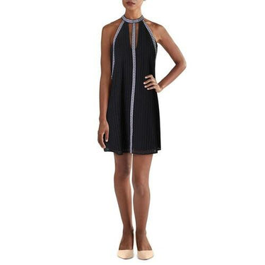 BCBGMAXAZRIA Women's Striped Eyelet Halter Dress Dress, Black, M BCBGMAXAZRIA