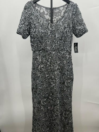 Alex Evenings Sequin Lace Evening Gown Short Sleeve Gunmetal Silver Maxi SIZE 6 Alex Evenings