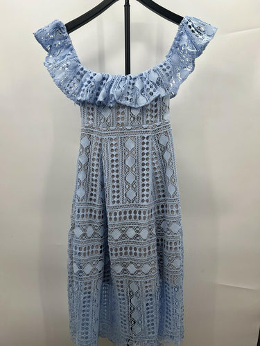 En Saison Dress Womens Off Shoulder Eyelet Lace Crochet Midi Blue Boho NWT XS En Saison