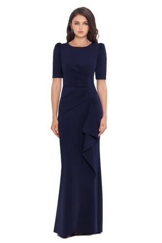Xscape Women's Long Evening Gown 3/4 Sleeves,Cascading Ruffle, Midnight, 6 Xscape
