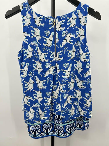 Crown & Ivy Blouse Womens Blue White Elephant Print Sleeveless Top S Small