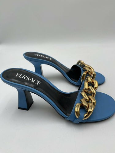 Women’s Versace Medusa Chain mid-heel leather mules in sky blue Size 37 Versace