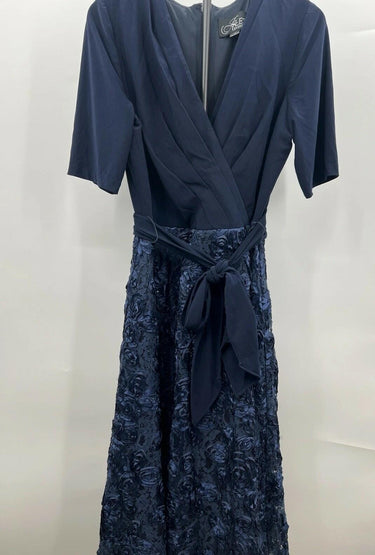 NWT Alex Evenings Navy 3D Floral Rosette Wrap Belted Evening Gown Size 8 Alex Evenings