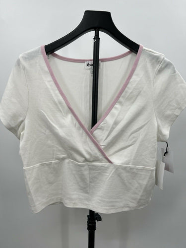 Abound Top Ivory Pink Trim Surplice Wrap Cropped T-Shirt Baby Tee L Abound