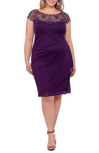 Xscape Ruched Beaded Cap Sleeve Cocktail Dress in Plum Size 22W Xscape