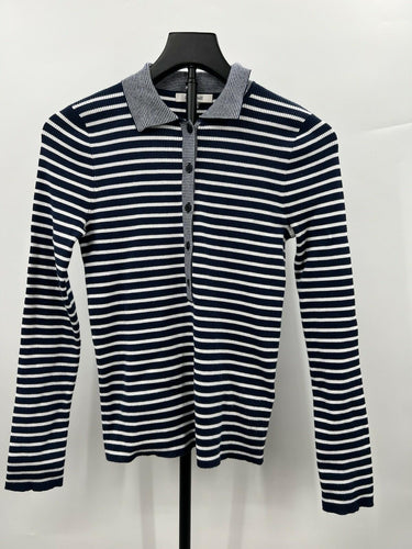 NWT Madewell Navy White Stripe Ribbed Polo Henley Long Sleeve Top Shirt Size S White