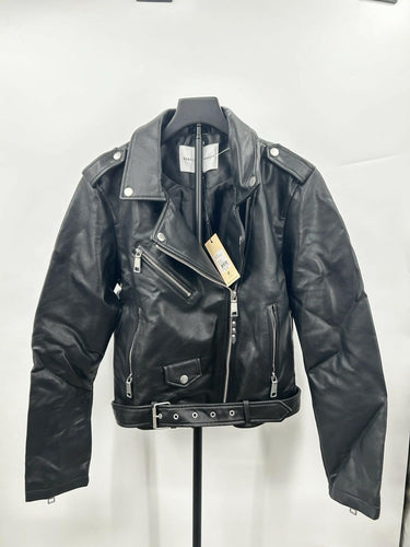 Rebecca Minkoff Woman black leather motorcycle jacket Silver Zipper Belted Hem M Rebecca Minkoff