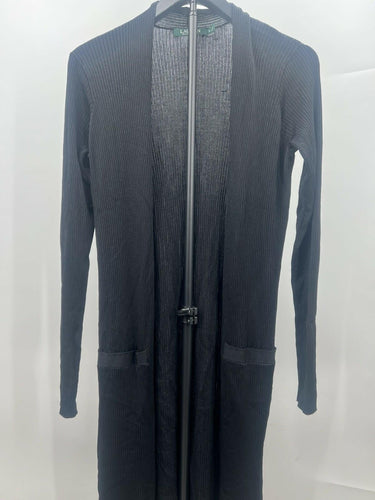Lauren Ralph Lauren Duster Cardigan Long Black Ribbed Open Front Pockets S Lauren
