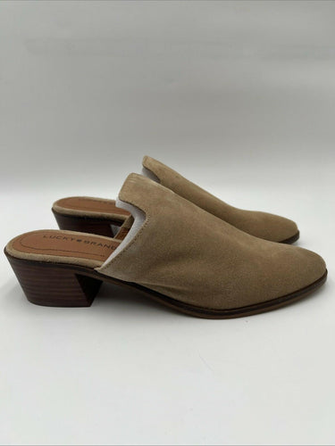 Women’s Lucky Brand Meistar Block Heels Mules Beige Suede Size 9M Lucky Brand