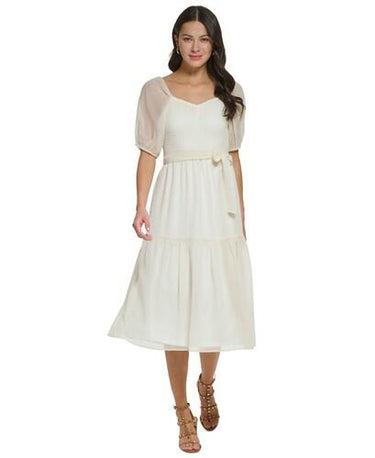 Dkny Women's Puff-Sleeve Smocked Midi Dress Size 12 Dkny