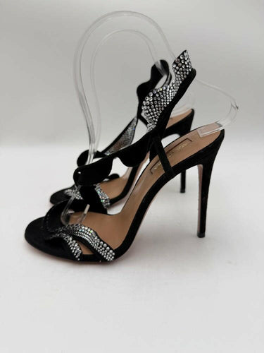Aquazzura Black Suede Crystal Embellished Open Toe Ruffle Slingback Sandals 37