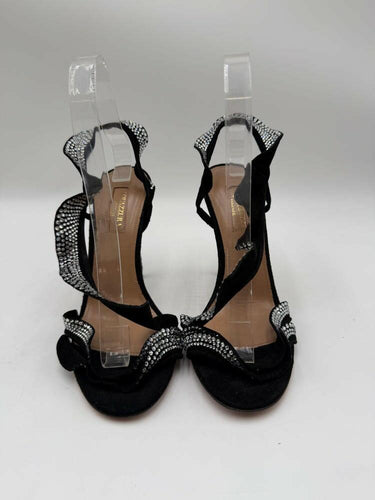 Aquazzura Black Suede Crystal Embellished Open Toe Ruffle Slingback Sandals, 37