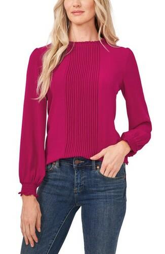 CeCe Pintucked Smocked Cuff Chiffon Top in Plumeria, Size X-Small CeCe