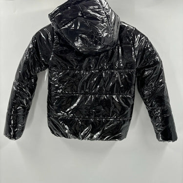NWT Tahari Girl Full Zip Hooded Glossy Puffer Jacket, Black Size 10 Tahari