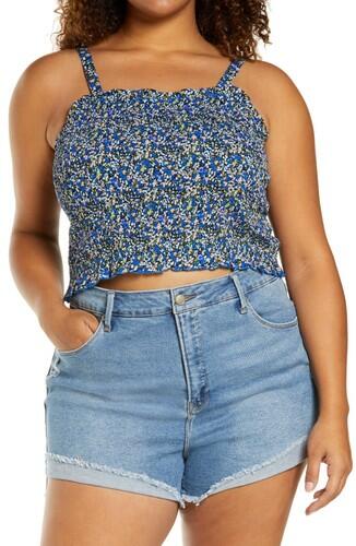 BP. Print Smocked Crop Tank, Black- Blue Maisey Ditsy SIZE 1X BP.