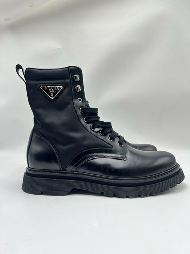 Prada Monolith brushed leather and Re-Nylon combat boots in black Size 9UK PRADA