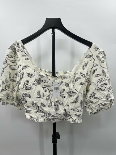 Puff Sleeve Crop Top Sand Dotted Leaf Print Smocked Back Square Neck S Z-supply