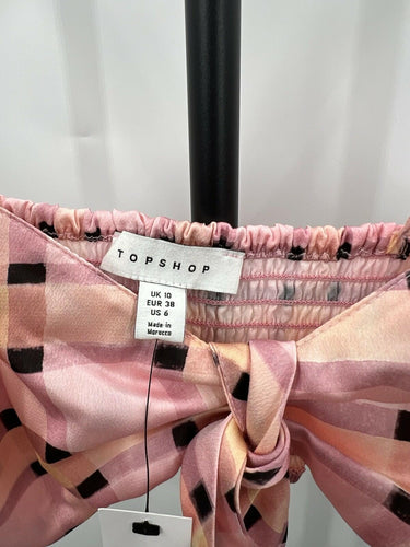 Topshop Pink Plaid Tie Front Crop Top Smocked Satin Cami - US 6