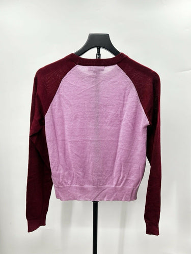 Heartloom Charlie Woman’s baseball sweater Twist Front Maroon Sleeves Size S Twist