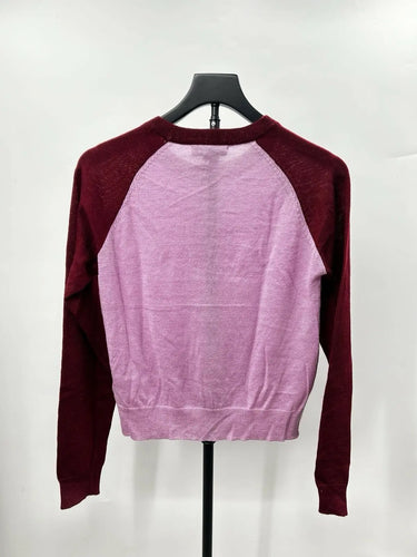 Heartloom Charlie Woman’s baseball sweater Twist Front Maroon Sleeves Size S Twist