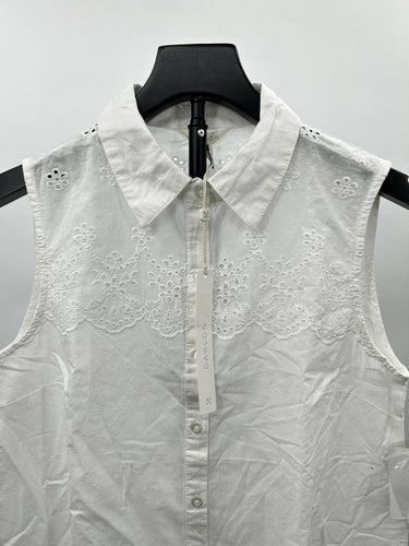 C.A.S.L.O.N Womans white sleeveless button-down shirt Eyelet Embroidery Size XXS